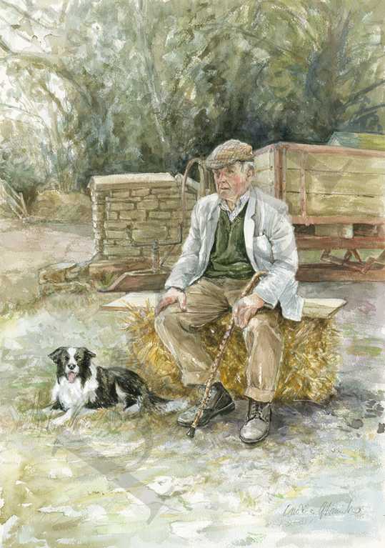 Elderly farm worker shropshire, painting by Caroline Glanville